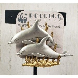 Vintage JJ Jonette Two Playful Dophins Swimming in Seaweed Brooch Pin
